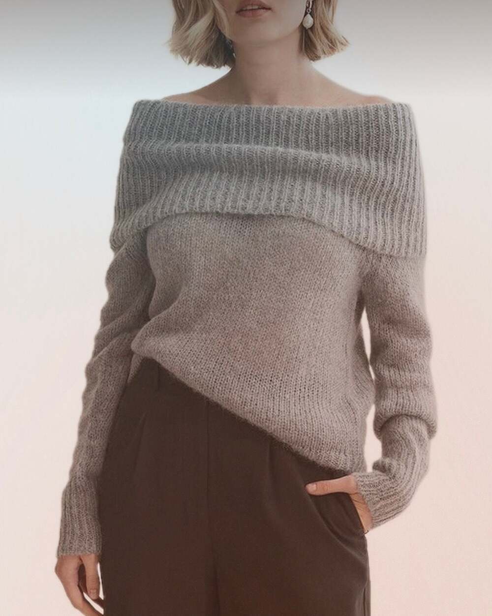 Moth Anthropologie Lucerne Chenille Off-The-Shoulder Gray Sweater